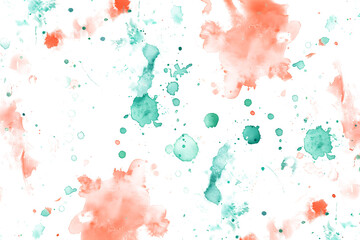 Coral and mint green watercolor splash pattern on transparent background.