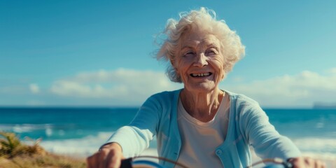 An elderly lady takes a bike ride on the coast. Generative AI.