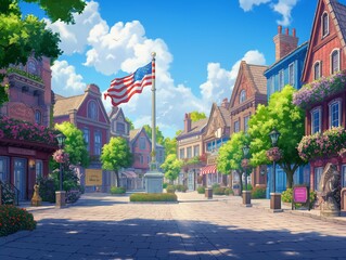 A city street with a large American flag on a pole. The flag is waving in the wind. The street is lined with buildings, and there are several potted plants and benches. The scene is peaceful - obrazy, fototapety, plakaty