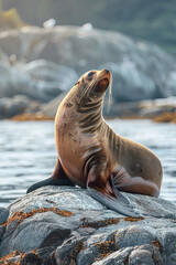 Fototapeta premium A female sea lion in sits perched on a rock, basking in the afternoon sun 