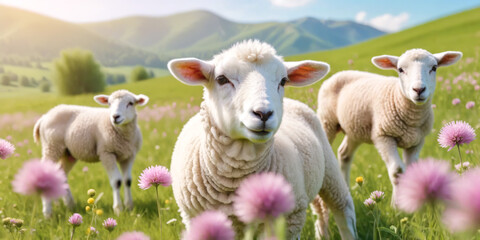 Fototapeta premium Ai generated image with beautiful sheep starring from a green field filled with flowers