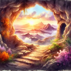 Watercolor painting of the view from inside an empty tomb towards a dramatic landscape background – Concept of the resurrection of Jesus Christ