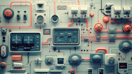 infographic  Illustration of a complex control panel with various buttons, dials, and screens embedded into a surface with an intricate network of wires connecting the components. - obrazy, fototapety, plakaty