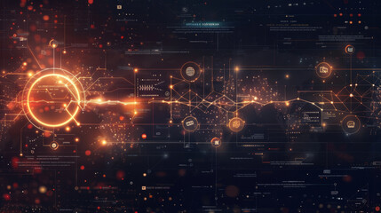 Obraz premium Abstract technological background with digital elements and futuristic interface elements. The design includes glowing lines, nodes, and data visualization
