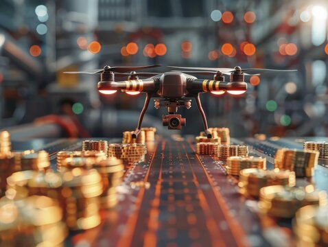 A sleek drone flies over a factory, dropping coins, against a backdrop of clear economic impact, symbolizing the concept of aerial industry investment.