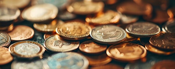A close view of scattered coins on a table - obrazy, fototapety, plakaty