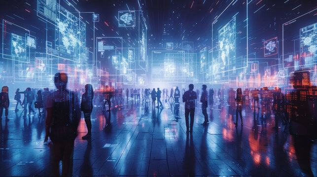A bustling high-tech city scene with holographic displays and futuristic interfaces surrounding anonymous pedestrians walking through illuminated streets at night.