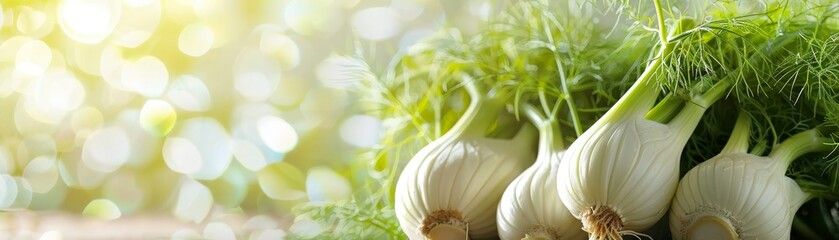 A close-up of a bundle of fresh fennel its feathery fronds and bulbous base highlighted against a bright