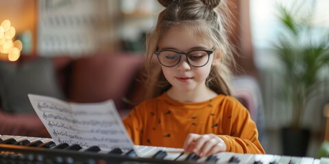 A talented young child, sitting at the piano, engages in musical training, learning classical...