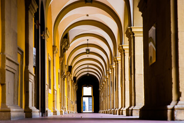 Low angle view of the Colonnade Archway of the Stiftung Juliusspital Hospital, Wurzburg, Franconia,...
