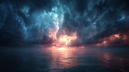 Dramatic ocean scene under a tempestuous sky lit by lightning - obrazy, fototapety, plakaty