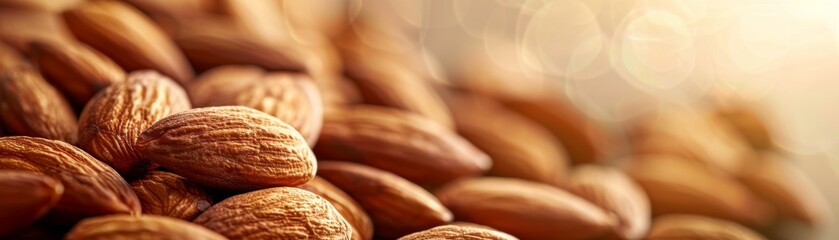 A close-up of a handful of almonds their textured brown surfaces and rounded shapes highlighted against a bright - obrazy, fototapety, plakaty