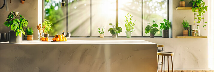 Sunlit Window Sill with Lush Green Plants, Adding a Touch of Nature and Freshness to a Modern Home Interior