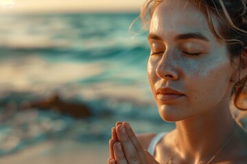 Young, beautiful woman meditates in a lotus position on the beach near sea or ocean waves, seeking inner peace and tranquility.