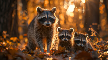 Three raccoons in a forest during golden hour. The warm sunlight filters through the trees, casting a soft glow on the leaves