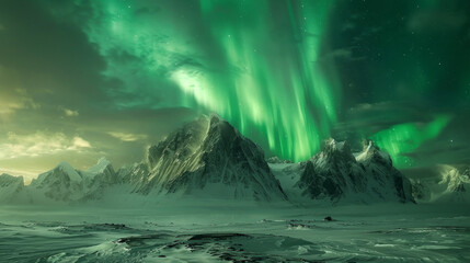 A breathtaking view of the northern lights over a snowy mountain range. The vibrant green aurora borealis lights up the night sky above the rugged peaks