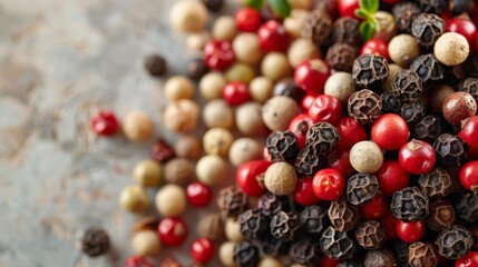 A detailed close-up of a handful of peppercorns their varied hues and round shapes standing out against a bright - obrazy, fototapety, plakaty