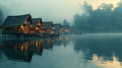 Traditional wooden huts on stilts over a serene lake shrouded in mist during twilight, with lush forests in the backdrop under a dusky sky. - obrazy, fototapety, plakaty