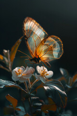 A translucent butterfly perches gracefully on delicate white flowers, its iridescent wings catching and reflecting the light amidst a dark contrasting background.