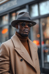 A stylish man in a camel coat, turtleneck, fedora, and sunglasses stands confidently on an urban street, with soft-focus city lights in the background.