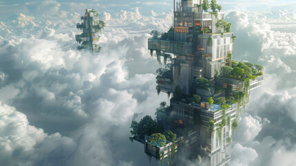 Futuristic skyscrapers rise above the clouds, with lush greenery adorning their terraces, showcasing a harmonious blend of nature and advanced architecture against a backdrop