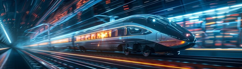 Fototapeta na wymiar A futuristic train speeding through a landscape with a blend of nature and technology