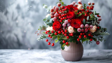 Beautiful bouquet of red and white flowers in a clay vase.