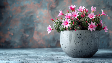 Cactus with pink flowers in a pot on a dark background. - obrazy, fototapety, plakaty