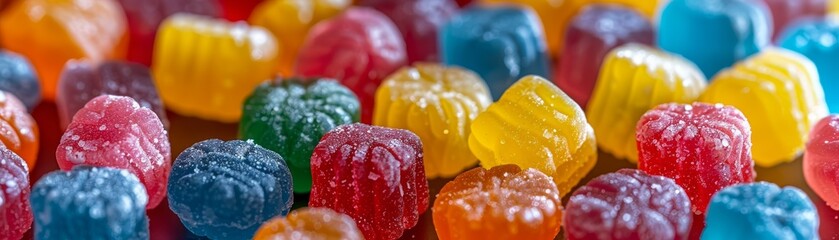 Close-up of assorted colorful candy pieces scattered - obrazy, fototapety, plakaty