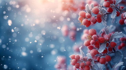 Frozen viburnum berries with hoarfrost on blurred background - obrazy, fototapety, plakaty