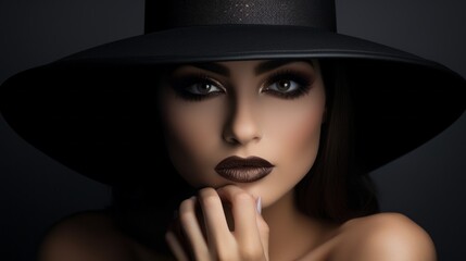 A woman with a black hat and dark makeup