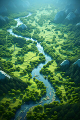 Fototapeta na wymiar River Meandering Through Dense Forest: Aerial Beauty