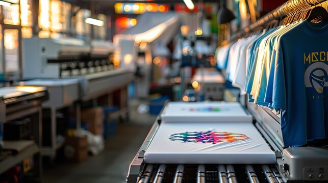 Chic printing gear in a print business depicting an array of printed or printable t-shirts depicted over the printshop facility and space, Generative AI.