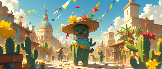 Cute cactus character wearing Mexican hat with colorful flowers in the festival town, cinco de mayo festical theme