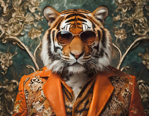 stylish tiger in trendy sunglasses and orange jacket against  rococo background