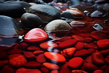 Foto auf Glas Mysterious Red water stones nature. Zen water. Generate Ai © juliars