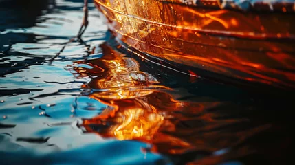 Foto op Canvas Image of a boat on water, with its reflection visible, depicted in a dark and somber artistic style © Mehran