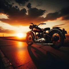 Stunning film footage of a vintage motorcycle set against a dark golden sunset.