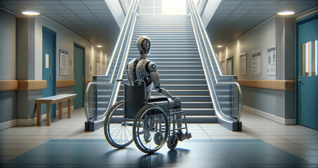 Robot in a wheelchair inside a modern hallway.