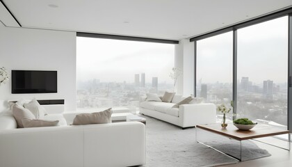 A minimalist oasis with an all-white color scheme and floor-to-ceiling windows offering breathtaking views of the surrounding cityscape. The living room features low-profile furniture and sleek built-