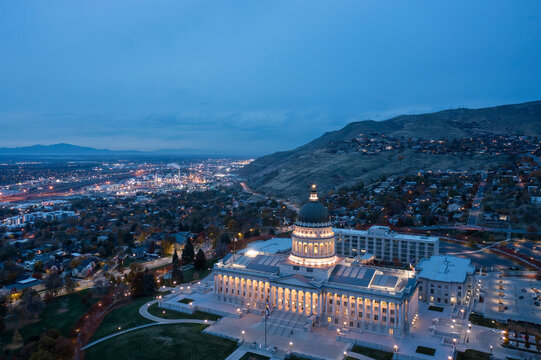 Utah State Capitol seen from above, night image with city in the background, Salt lake City, UT, US