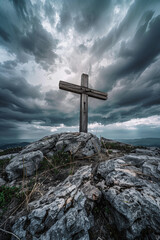 A wooden cross atop the mountain, with dark clouds in the background and a clear sky 