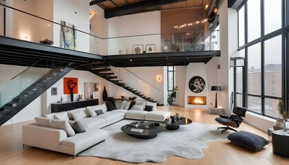 An avant-garde loft apartment with a curated collection of modern art pieces and sculptures. The living area features a floating fireplace and a suspended glass staircase leading to a mezzanine level, - obrazy, fototapety, plakaty