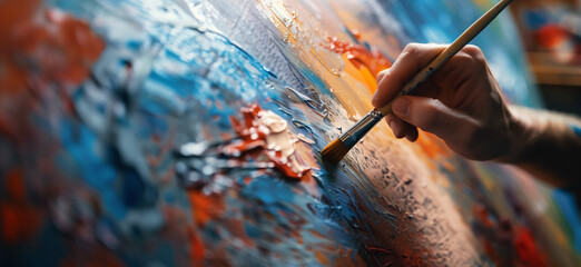 Female artist hand close up paints oil painting with brush. Creative art concept background.