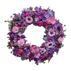 Fototapeta premium A vibrant wreath of pink and purple flowers on a transparent background