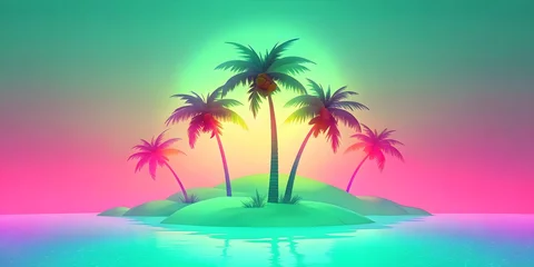Cercles muraux Corail vert tropical beach, palm trees and rainbow