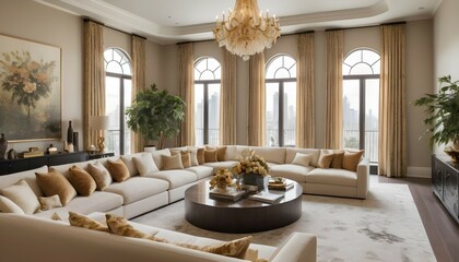 A luxury penthouse with an emphasis on comfort and relaxation, featuring oversized sofas and plush area rugs. The living area is adorned with floor-to-ceiling drapes and botanical prints, while a gold - obrazy, fototapety, plakaty