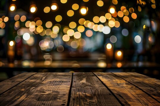 Image of wooden table in front of abstract blurred restaurant lights background - generative ai