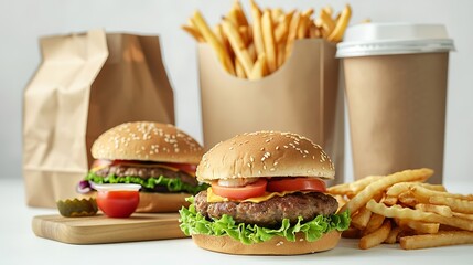 Fast food non-toxic packaging depicting an ample lunch set of savory hamburgers over a white setting over a table and space, Generative AI.