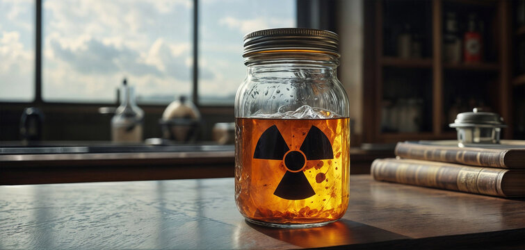 A jar with a radioactive symbol sits on a table. Generative AI